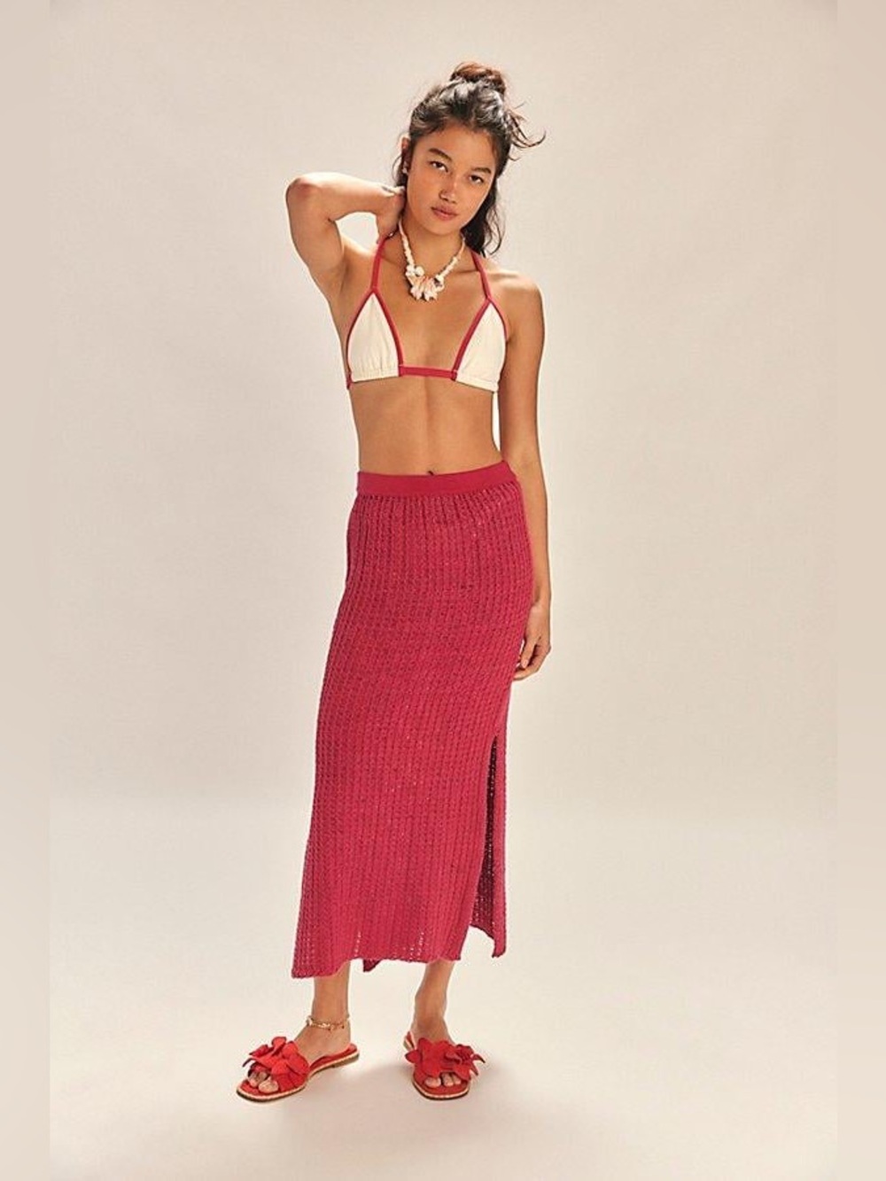 Ribbed Maxi Knit Skirt — Coral Red